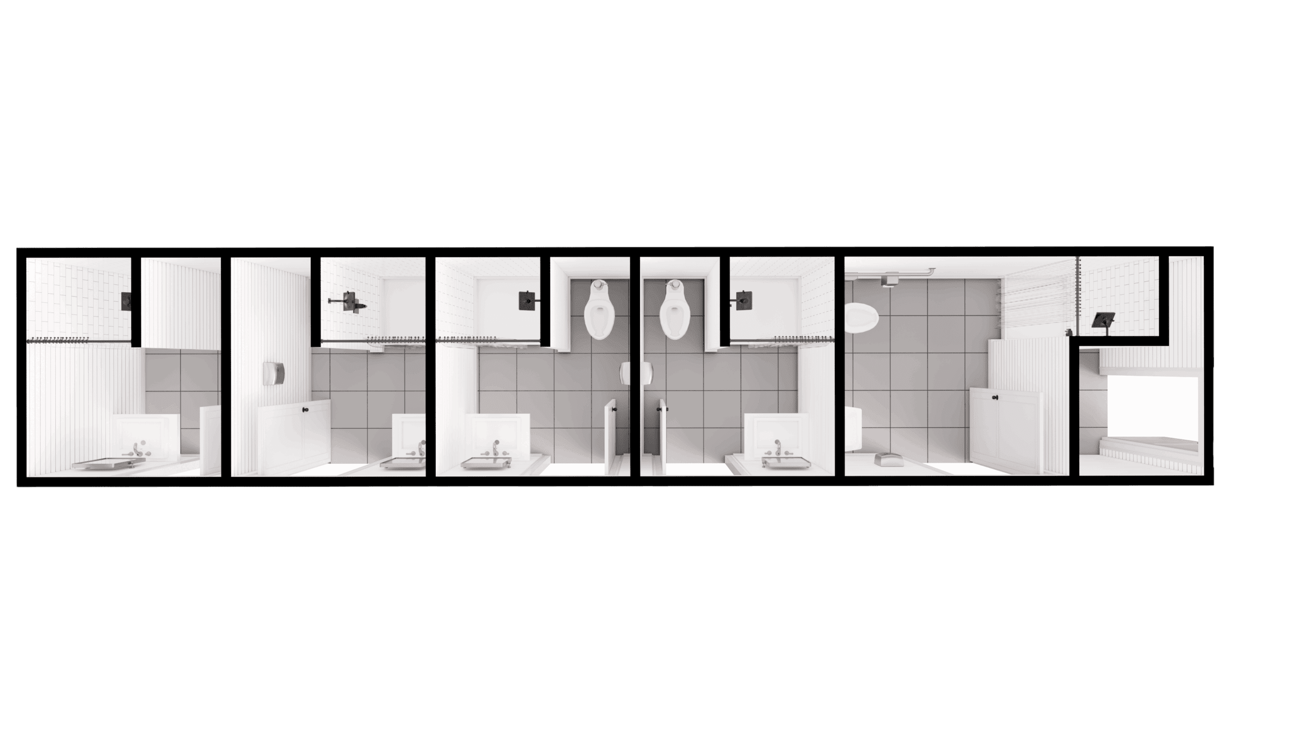 40-Foot Bathroom with Showers-1 ADA Stall, 4 Std Stalls